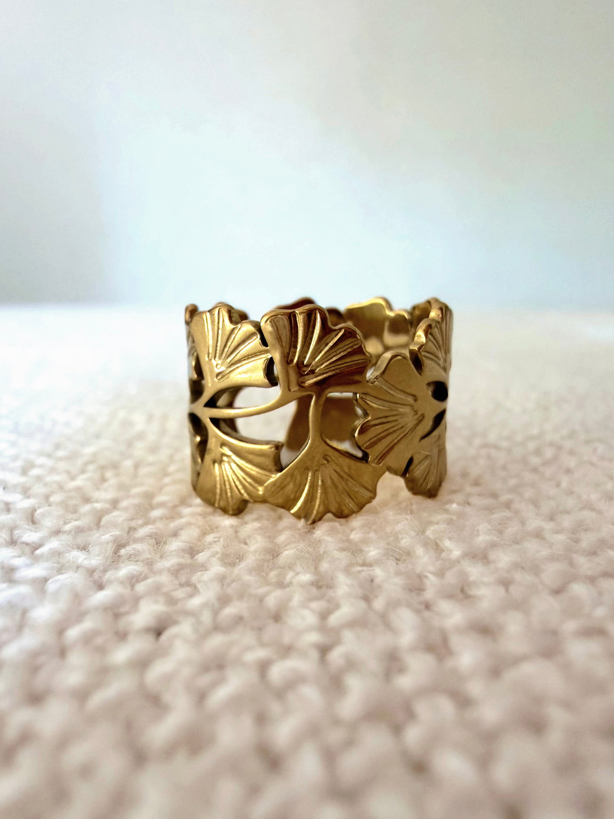 Bague acier inoxydable, signature Alya Living, Feuille de Gingko